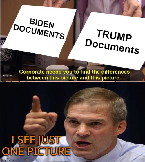 MAGA Tunnel vision | BIDEN DOCUMENTS; TRUMP Documents; I SEE JUST ONE PICTURE | image tagged in they're the same picture,maga,political meme,joe biden,donald trump | made w/ Imgflip meme maker