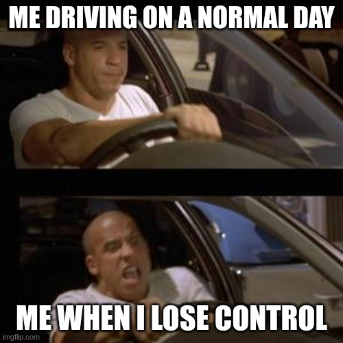 Vin Diesel | ME DRIVING ON A NORMAL DAY; ME WHEN I LOSE CONTROL | image tagged in vin diesel | made w/ Imgflip meme maker
