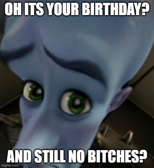 send this to someone on there birthday and say nothing | OH ITS YOUR BIRTHDAY? AND STILL NO BITCHES? | image tagged in megamind no bitches | made w/ Imgflip meme maker