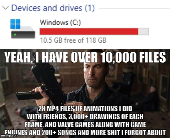 I have too much | YEAH, I HAVE OVER 10,000 FILES; 28 MP4 FILES OF ANIMATIONS I DID WITH FRIENDS, 3,000+ DRAWINGS OF EACH FRAME, AND VALVE GAMES ALONG WITH GAME ENGINES AND 200+ SONGS AND MORE SHIT I FORGOT ABOUT | image tagged in it won't be difficult to fire saul goodman it's too long | made w/ Imgflip meme maker