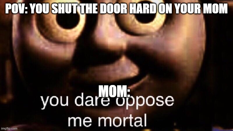 Bro she woke up and chosed murder | POV: YOU SHUT THE DOOR HARD ON YOUR MOM; MOM: | image tagged in you dare oppose me mortal | made w/ Imgflip meme maker