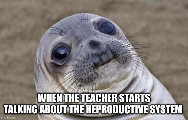 Awkward Moment Sealion |  WHEN THE TEACHER STARTS TALKING ABOUT THE REPRODUCTIVE SYSTEM | image tagged in memes,awkward moment sealion | made w/ Imgflip meme maker