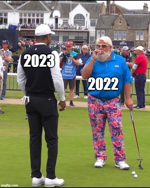 2022 v. 2023 | 2023; 2022 | image tagged in john daly and tiger woods | made w/ Imgflip meme maker