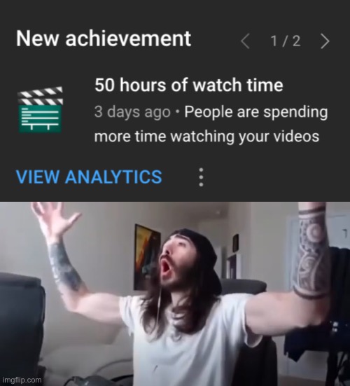 Can you believe it guys? 50 hours of watch time! | image tagged in woo yeah baby thats what we've been waiting for | made w/ Imgflip meme maker