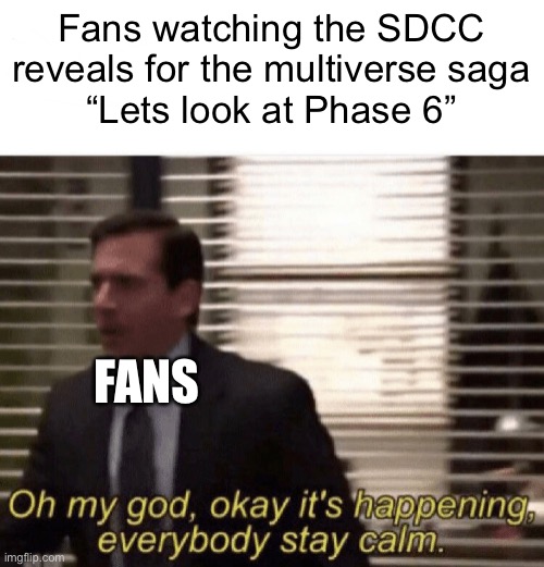 Oh my god,okay it's happening,everybody stay calm | Fans watching the SDCC reveals for the multiverse saga
“Lets look at Phase 6”; FANS | image tagged in oh my god okay it's happening everybody stay calm | made w/ Imgflip meme maker