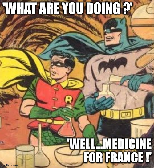 Medicine shortage | 'WHAT ARE YOU DOING ?'; 'WELL...MEDICINE FOR FRANCE !' | image tagged in batman chemistry | made w/ Imgflip meme maker