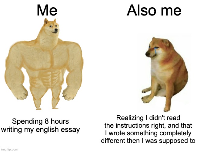 This happened to me so many times | Me; Also me; Realizing I didn't read the instructions right, and that I wrote something completely different then I was supposed to; Spending 8 hours writing my english essay | image tagged in memes,buff doge vs cheems | made w/ Imgflip meme maker