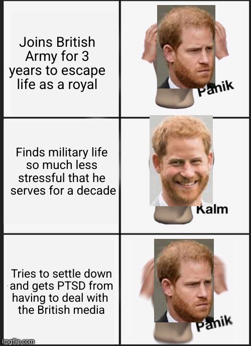 The British Media makes mean girls look like Mother Teresa | Joins British
Army for 3
years to escape
life as a royal; Finds military life 
so much less 
stressful that he 
serves for a decade; Tries to settle down
 and gets PTSD from 
having to deal with 
the British media | image tagged in memes,panik kalm panik | made w/ Imgflip meme maker