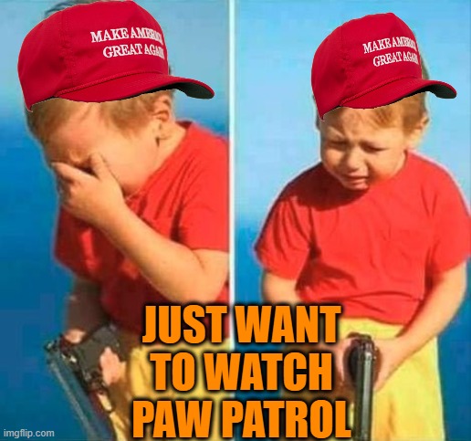 Sad Kid With Gun | JUST WANT TO WATCH PAW PATROL | image tagged in sad kid with gun | made w/ Imgflip meme maker