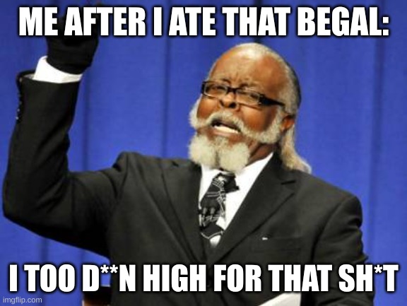 Too Damn High Meme | ME AFTER I ATE THAT BEGAL: I TOO D**N HIGH FOR THAT SH*T | image tagged in memes,too damn high | made w/ Imgflip meme maker