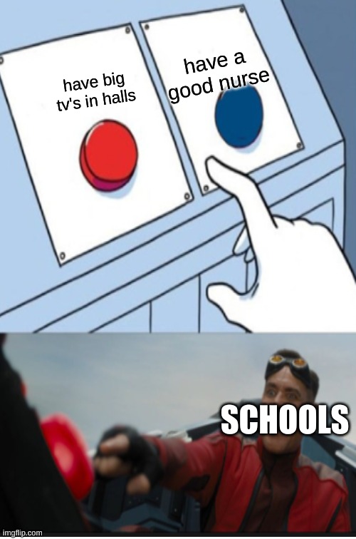 real school | have a good nurse; have big tv's in halls; SCHOOLS | image tagged in sonic the hedgehog | made w/ Imgflip meme maker