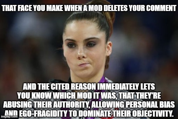 McKayla Maroney Not Impressed | THAT FACE YOU MAKE WHEN A MOD DELETES YOUR COMMENT; AND THE CITED REASON IMMEDIATELY LETS YOU KNOW WHICH MOD IT WAS, THAT THEY'RE ABUSING THEIR AUTHORITY, ALLOWING PERSONAL BIAS AND EGO-FRAGIDITY TO DOMINATE THEIR OBJECTIVITY. | image tagged in memes,mckayla maroney not impressed,hypocrisy | made w/ Imgflip meme maker