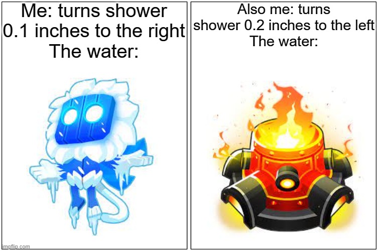 How do you find the sweet spot? | Me: turns shower 0.1 inches to the right
The water:; Also me: turns shower 0.2 inches to the left
The water: | image tagged in memes,blank comic panel 1x2,btd6 | made w/ Imgflip meme maker