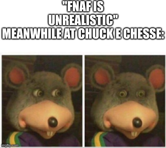 low budget fnaf pretty much | "FNAF IS UNREALISTIC"
MEANWHILE AT CHUCK E CHESSE: | image tagged in chuck e cheese rat stare | made w/ Imgflip meme maker