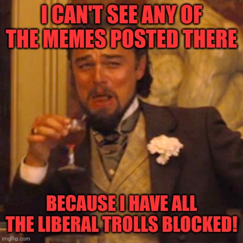 Laughing Leo Meme | I CAN'T SEE ANY OF THE MEMES POSTED THERE BECAUSE I HAVE ALL THE LIBERAL TROLLS BLOCKED! | image tagged in memes,laughing leo | made w/ Imgflip meme maker