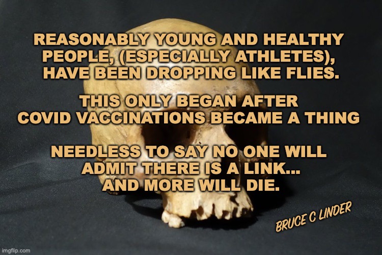 Died Suddenly | REASONABLY YOUNG AND HEALTHY 
PEOPLE, (ESPECIALLY ATHLETES), 
HAVE BEEN DROPPING LIKE FLIES. THIS ONLY BEGAN AFTER 
COVID VACCINATIONS BECAME A THING; NEEDLESS TO SAY NO ONE WILL 
ADMIT THERE IS A LINK...
AND MORE WILL DIE. BRUCE C LINDER | image tagged in died suddenly,covid vaccination,myocarditis | made w/ Imgflip meme maker
