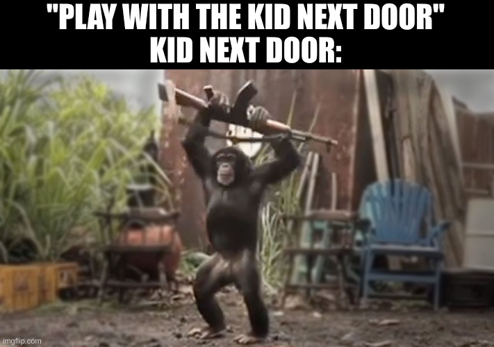 i am the kid next door | "PLAY WITH THE KID NEXT DOOR"
KID NEXT DOOR: | image tagged in monkey with ak-47 | made w/ Imgflip meme maker