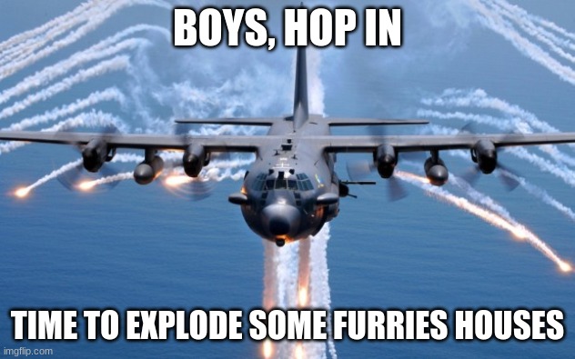 HOP IN NOW | BOYS, HOP IN; TIME TO EXPLODE SOME FURRIES HOUSES | image tagged in ac130 gunship | made w/ Imgflip meme maker
