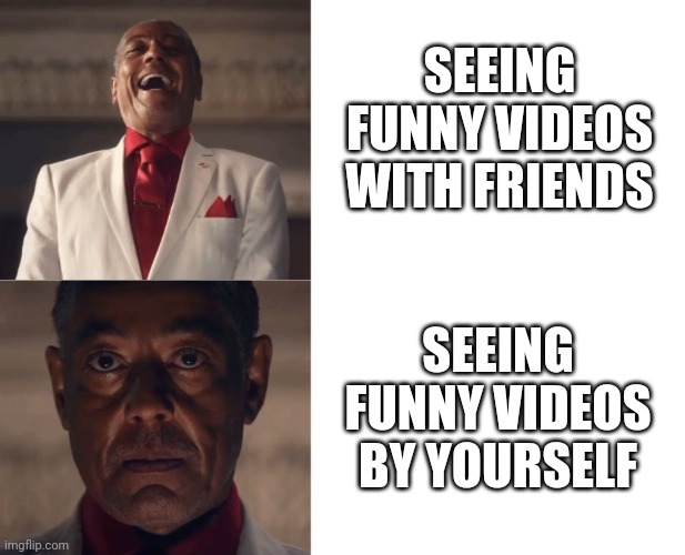 Who can relate? | SEEING FUNNY VIDEOS WITH FRIENDS; SEEING FUNNY VIDEOS BY YOURSELF | image tagged in gus laughing then serious,memes,laughing,video | made w/ Imgflip meme maker