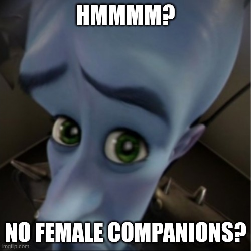 Megamind peeking | HMMMM? NO FEMALE COMPANIONS? | image tagged in megamind peeking | made w/ Imgflip meme maker