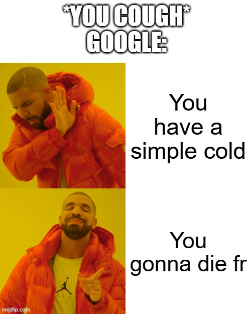Google Be like: | *YOU COUGH*

GOOGLE:; You have a simple cold; You gonna die fr | image tagged in memes,drake hotline bling,google,google search | made w/ Imgflip meme maker