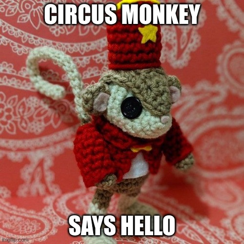circus monkey | CIRCUS MONKEY; SAYS HELLO | image tagged in circus monkey | made w/ Imgflip meme maker