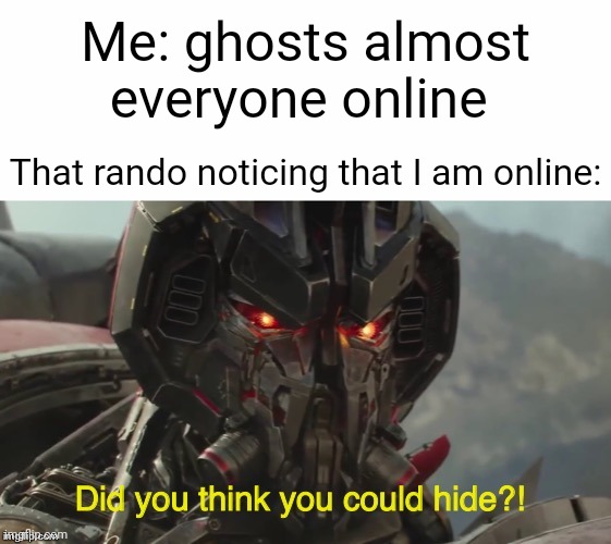 Ghosting | Me: ghosts almost everyone online; That rando noticing that I am online: | image tagged in did you think you could hide,rando,random,memes,meme,ghosting | made w/ Imgflip meme maker