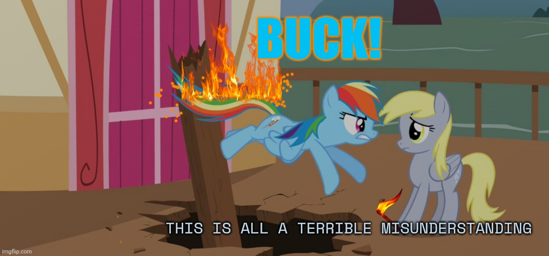 Derpy problems | BUCK! THIS IS ALL A TERRIBLE MISUNDERSTANDING | image tagged in no,my tail,why is it on fire,derpy hooves facts | made w/ Imgflip meme maker