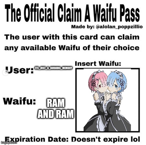 loophole go brrr | ITS_JUST_A_BURNING_MEMORY; RAM AND RAM | image tagged in official claim a waifu pass | made w/ Imgflip meme maker