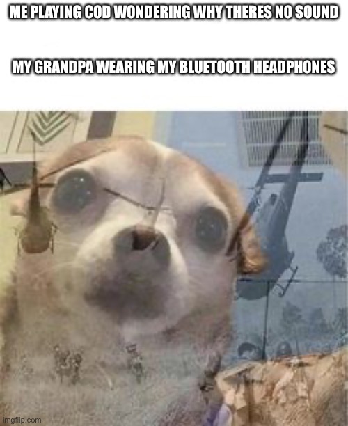 Ptsd much? |  ME PLAYING COD WONDERING WHY THERES NO SOUND

 

 
MY GRANDPA WEARING MY BLUETOOTH HEADPHONES | image tagged in funny,ptsd chihuahua,goofy,war,fun | made w/ Imgflip meme maker
