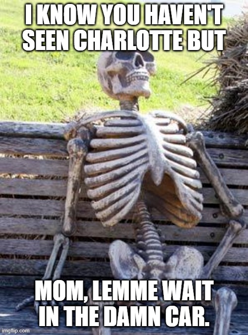 Relativo mis estimados? | I KNOW YOU HAVEN'T SEEN CHARLOTTE BUT; MOM, LEMME WAIT IN THE DAMN CAR. | image tagged in memes,waiting skeleton | made w/ Imgflip meme maker