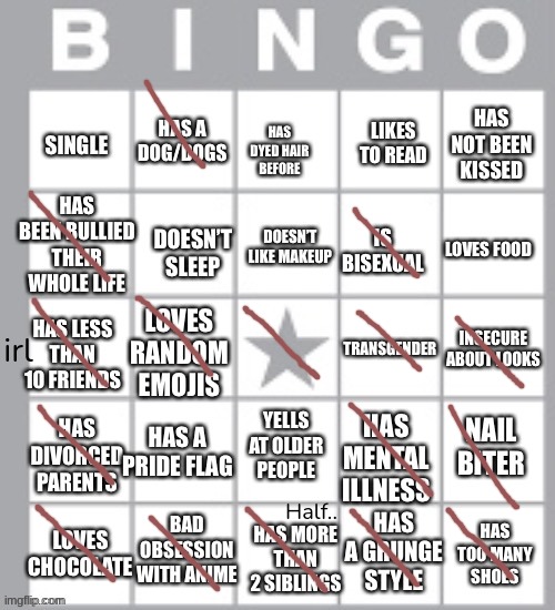 lgbt+ bingo lol | irl; Half.. | image tagged in lgbt bingo lol | made w/ Imgflip meme maker