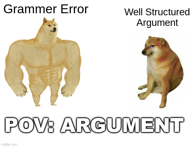 " Umm actually its You're* " | Grammer Error; Well Structured Argument; POV: ARGUMENT | image tagged in memes,buff doge vs cheems | made w/ Imgflip meme maker