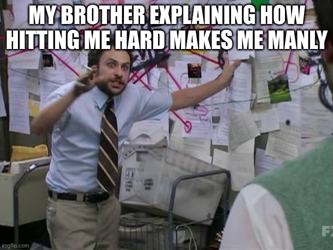 ow | MY BROTHER EXPLAINING HOW HITTING ME HARD MAKES ME MANLY | image tagged in charlie conspiracy always sunny in philidelphia,brother,punch,mean,rude,manly | made w/ Imgflip meme maker