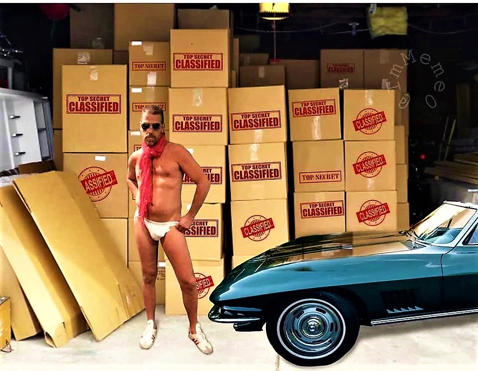 Hunter Biden with classified boxes in garage Blank Meme Template