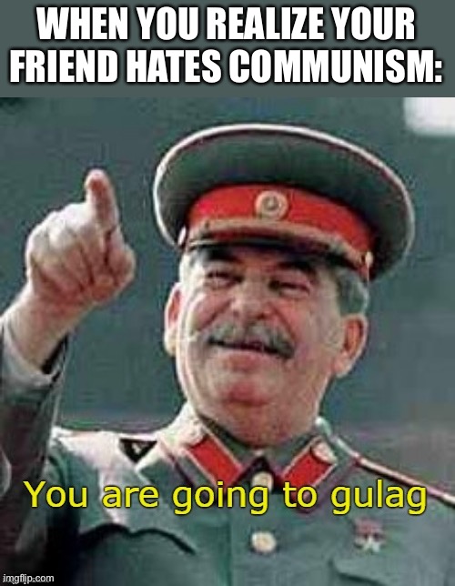 you are going to gulag | WHEN YOU REALIZE YOUR FRIEND HATES COMMUNISM: | image tagged in you are going to gulag,memes,gulag,joseph stalin,soviet union,funny | made w/ Imgflip meme maker