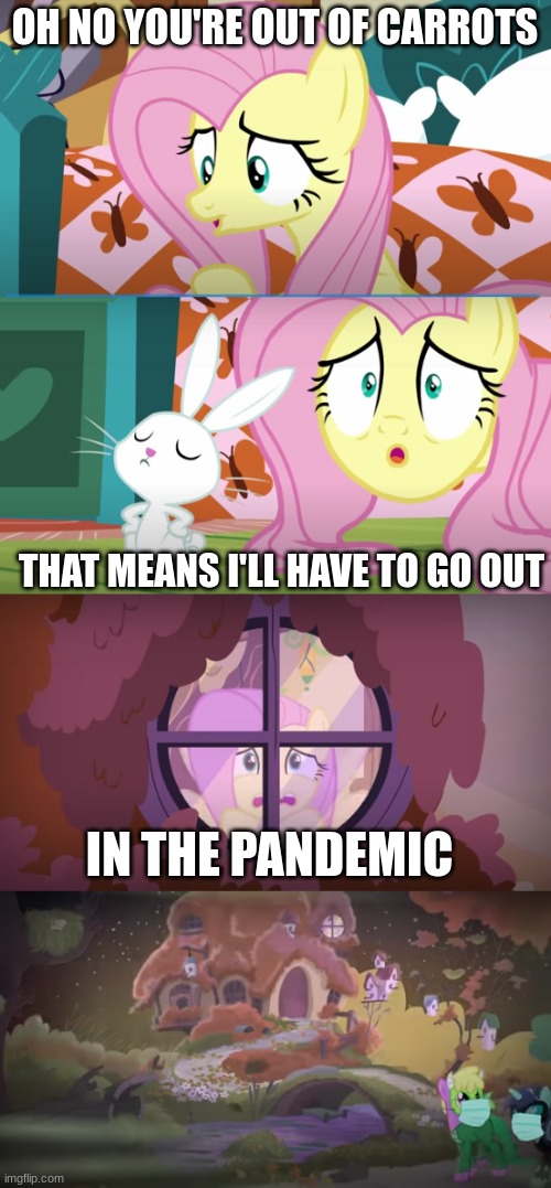 OH NO YOU'RE OUT OF CARROTS; THAT MEANS I'LL HAVE TO GO OUT; IN THE PANDEMIC | image tagged in mlp,fun,memes | made w/ Imgflip meme maker
