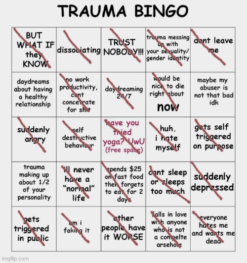 Trauma bingo | image tagged in trauma bingo | made w/ Imgflip meme maker