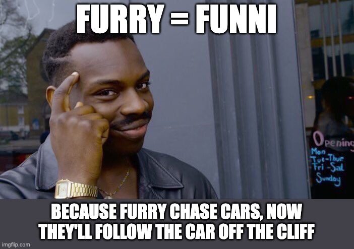 Roll Safe Think About It Meme | FURRY = FUNNI BECAUSE FURRY CHASE CARS, NOW THEY'LL FOLLOW THE CAR OFF THE CLIFF | image tagged in memes,roll safe think about it | made w/ Imgflip meme maker