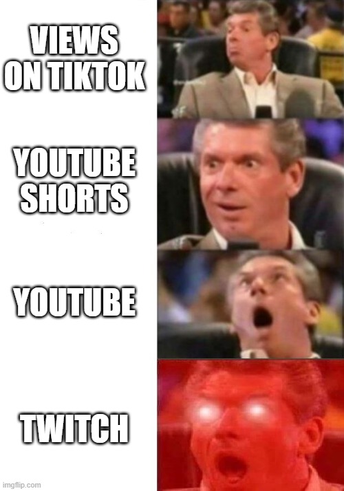 Mr. McMahon reaction | VIEWS ON TIKTOK; YOUTUBE SHORTS; YOUTUBE; TWITCH | image tagged in mr mcmahon reaction | made w/ Imgflip meme maker