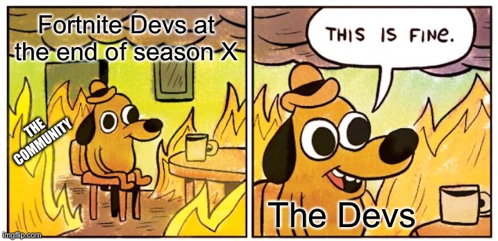 This Is Fine Meme | Fortnite Devs at the end of season X; THE COMMUNITY; The Devs | image tagged in memes,this is fine | made w/ Imgflip meme maker