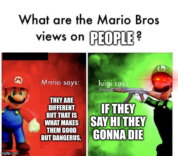 luigi has gone mad | PEOPLE; THEY ARE DIFFERENT BUT THAT IS WHAT MAKES THEM GOOD BUT DANGERUS. IF THEY SAY HI THEY GONNA DIE | image tagged in mario bros views | made w/ Imgflip meme maker