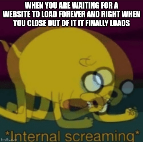 relatable? | WHEN YOU ARE WAITING FOR A WEBSITE TO LOAD FOREVER AND RIGHT WHEN YOU CLOSE OUT OF IT IT FINALLY LOADS | image tagged in jake the dog internal screaming | made w/ Imgflip meme maker