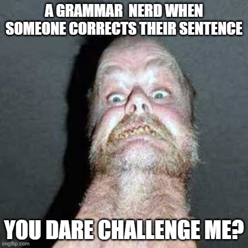 true | A GRAMMAR  NERD WHEN SOMEONE CORRECTS THEIR SENTENCE; YOU DARE CHALLENGE ME? | image tagged in slayed,grammar nazi | made w/ Imgflip meme maker