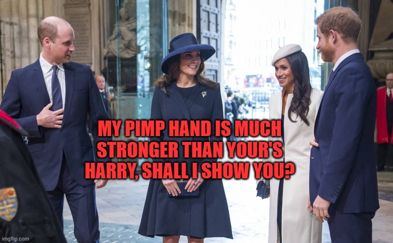 William's Pimp Had is Much Stronger! | MY PIMP HAND IS MUCH STRONGER THAN YOUR'S HARRY, SHALL I SHOW YOU? | image tagged in bro she a ho don't you know | made w/ Imgflip meme maker