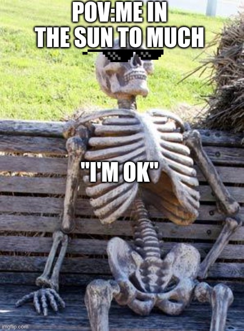Waiting Skeleton | POV:ME IN THE SUN TO MUCH; "I'M OK" | image tagged in memes,waiting skeleton | made w/ Imgflip meme maker