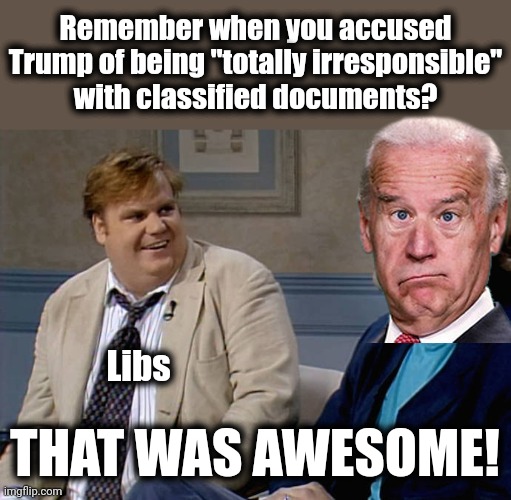 Remember that time | Remember when you accused Trump of being "totally irresponsible"
with classified documents? Libs; THAT WAS AWESOME! | image tagged in remember that time,memes,joe biden,classified documents,hypocrisy,democrats | made w/ Imgflip meme maker