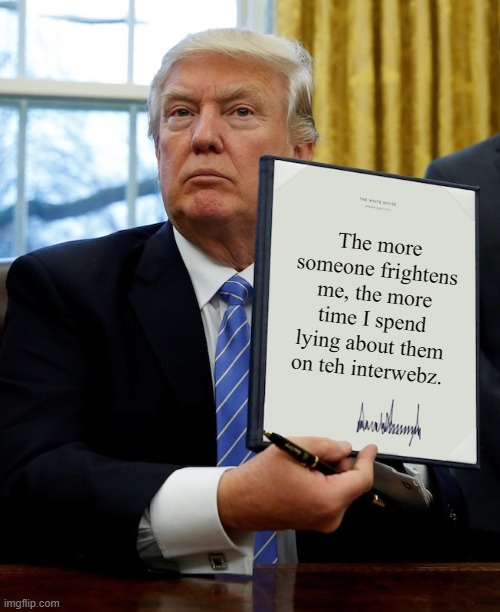 Really it's all available media platforms but the Orange Menace obviously prefers the internet. | The more someone frightens me, the more time I spend lying about them on teh interwebz. | image tagged in trump lies,trump is a moron,trump unfit unqualified dangerous,donald trump blank executive order | made w/ Imgflip meme maker