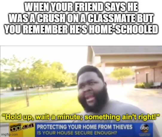 Hold up wait a minute something aint right | WHEN YOUR FRIEND SAYS HE WAS A CRUSH ON A CLASSMATE BUT YOU REMEMBER HE'S HOME-SCHOOLED | image tagged in hold up wait a minute something aint right | made w/ Imgflip meme maker