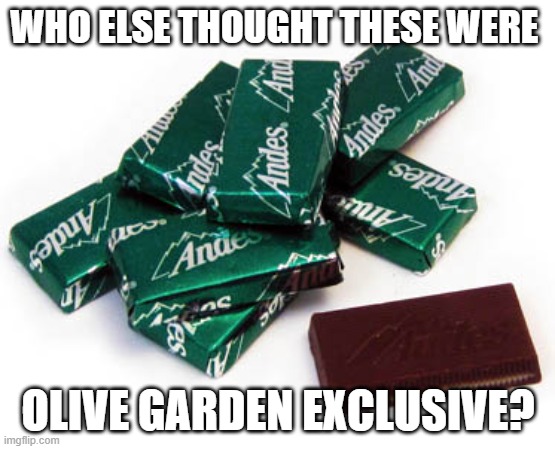 I recently came across these in a Walmart | WHO ELSE THOUGHT THESE WERE; OLIVE GARDEN EXCLUSIVE? | image tagged in thin mints,dinner,olive | made w/ Imgflip meme maker